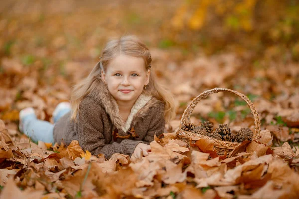 Radosne Dziecko Pozowanie Jesiennym Parku — Zdjęcie stockowe