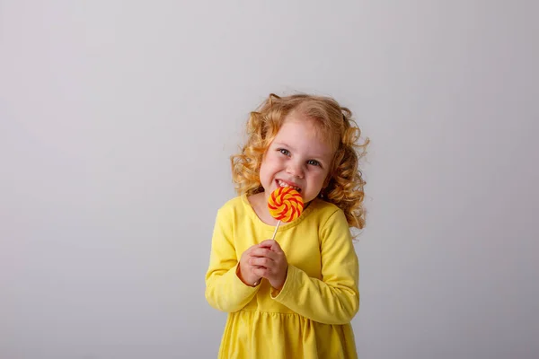 Klein Krullend Meisje Poseren Met Een Lolly Een Grijze Achtergrond — Stockfoto