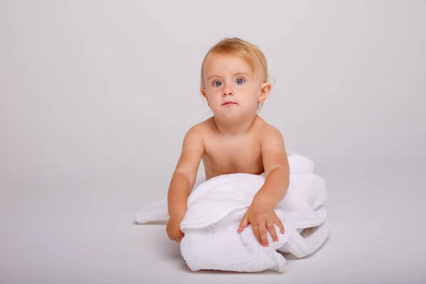 Cute Little Baby Girl Posing Studio Towel — Stock Photo, Image