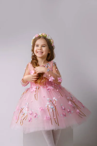 Una Niña Con Vestido Rosa Corona Flores Posando Estudio — Foto de Stock