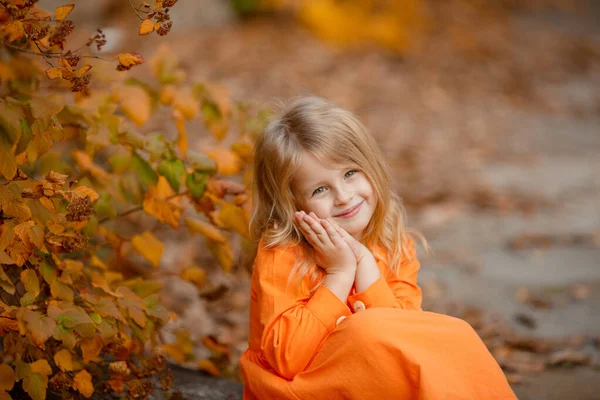 Menina Adorável Posando Vestido Laranja Parque Outono — Fotografia de Stock