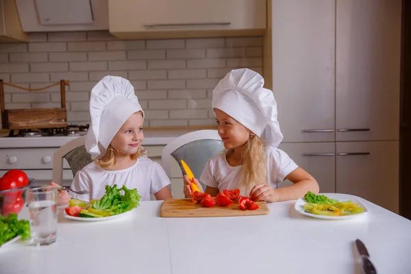 Twee Leuke Grappige Meisjes Poseren Chef Kok Hoeden Met Groenten — Stockfoto