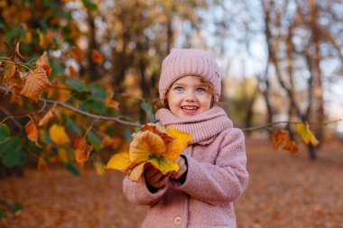 Sonbahar parkında poz veren mavi gözlü küçük bir kız.