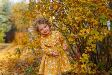 Güz parkında poz veren turuncu elbiseli güzel bir kız.