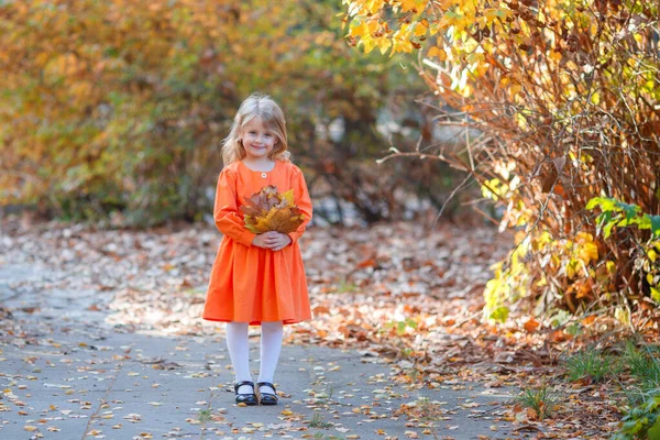 Adorable Fille Posant Robe Orange Dans Parc Automne — Photo