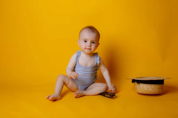 Cute Little Baby Girl Sitting Yellow Chair Eating Banana White — Stock Photo, Image