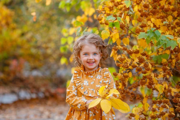 Linda Menina Vestindo Vestido Laranja Posando Parque Outono — Fotografia de Stock