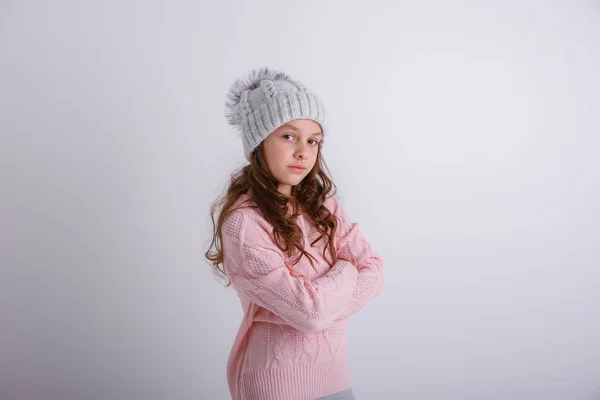 Beautiful Little Girl Knitted Sweater Scarf Gray Background — Stock Photo, Image
