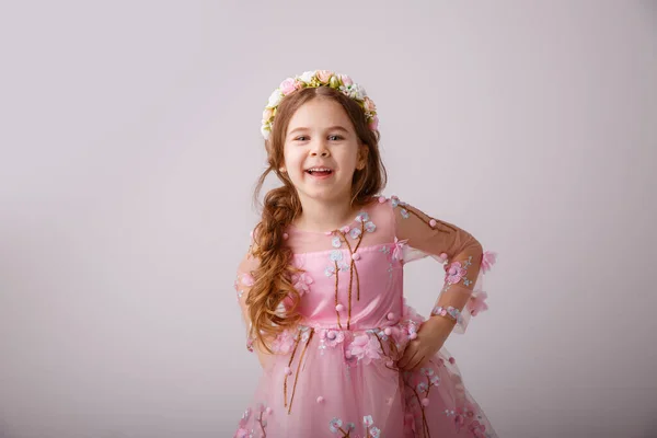 Uma Menina Vestindo Vestido Rosa Coroa Flores Posando Estúdio — Fotografia de Stock