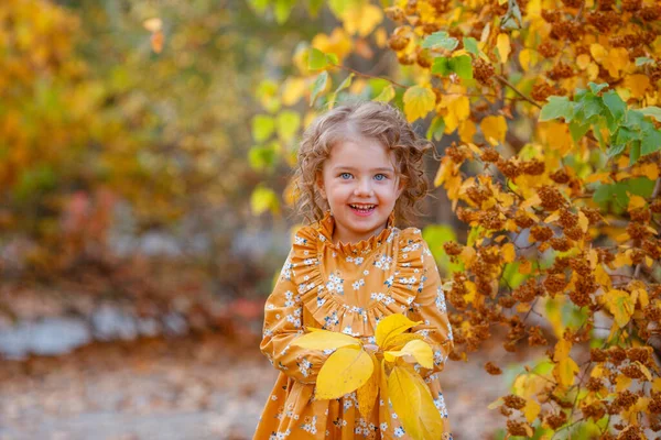 Linda Menina Vestindo Vestido Laranja Posando Parque Outono — Fotografia de Stock