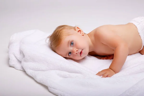 Happy Young Baby Lying Tummy Isolated White Background — Stock Photo, Image