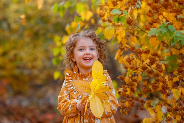 Красива Маленька Дівчинка Помаранчевій Сукні Позує Осінньому Парку — стокове фото