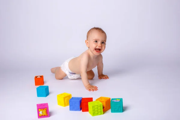 Bonito Pequena Menina Estúdio Com Cubos Plástico — Fotografia de Stock