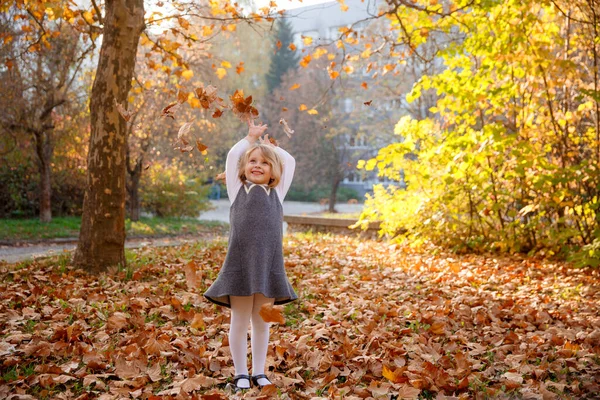 Mała Dziewczynka Jesienią Parku Łapie Spadające Liście — Zdjęcie stockowe