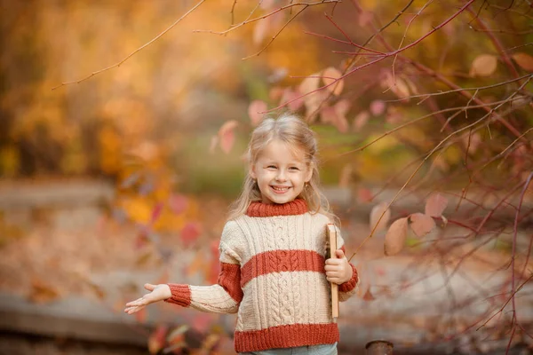 Niña Rubia Otoño Parque Sosteniendo Libro —  Fotos de Stock