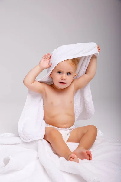 Cute Little Baby Girl Posing Studio Towel — Stock Photo, Image