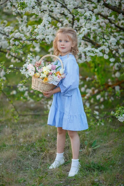 Mädchen Mit Einem Korb Voller Blumen Der Nähe Eines Blühenden — Stockfoto
