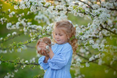 Küçük bir kız elinde bir tavşan tutuyor bahar çiçeği açan bir ağaç