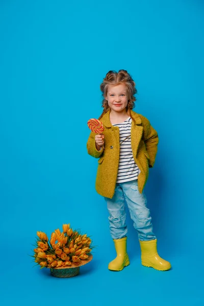 baby girl full length in rain boots bouquet of spring flowers tulips on a colored blue background
