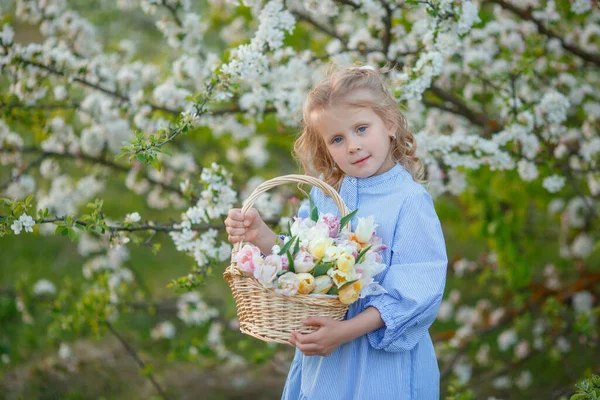 Dziewczyna Gospodarstwa Kosz Kwiatów Pobliżu Drzewa Kwitnącego — Zdjęcie stockowe