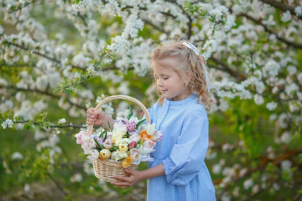 Menina Segurando Uma Cesta Flores Perto Uma Árvore Floração — Fotografia de Stock