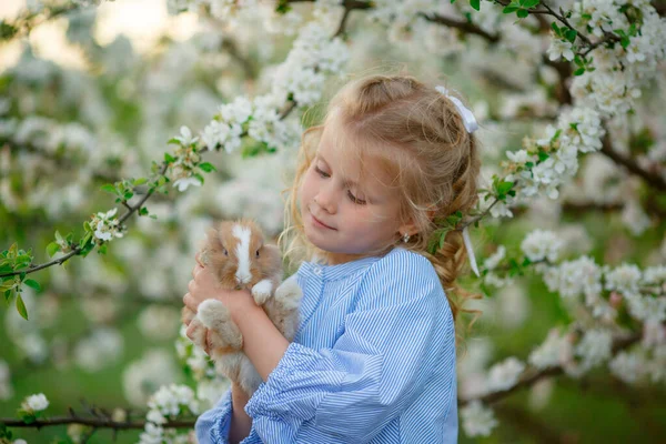 Uma Menina Segura Coelho Suas Mãos Uma Árvore Florescendo Primavera — Fotografia de Stock