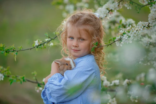 Uma Menina Segura Coelho Suas Mãos Uma Árvore Florescendo Primavera — Fotografia de Stock