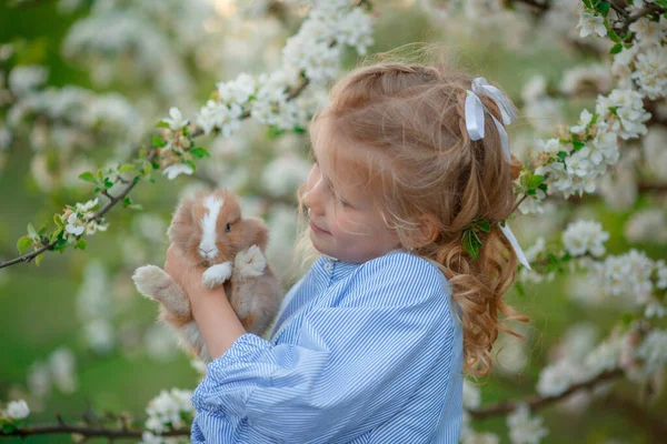 Una Niña Sostiene Conejo Sus Manos Árbol Floreciente Primavera — Foto de Stock