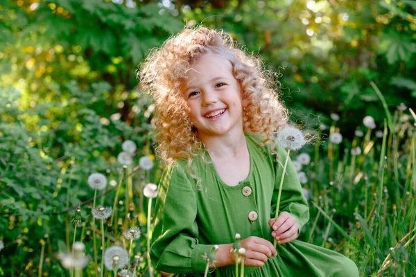 Blond Meisje Poseren Veld Vol Paardebloemen — Stockfoto