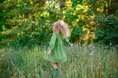 Sarışın kız karahindiba dolu tarlada poz veriyor.