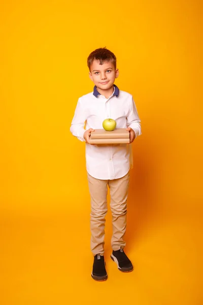 Ritratto Ravvicinato Schooloby Con Libri Mela — Foto Stock