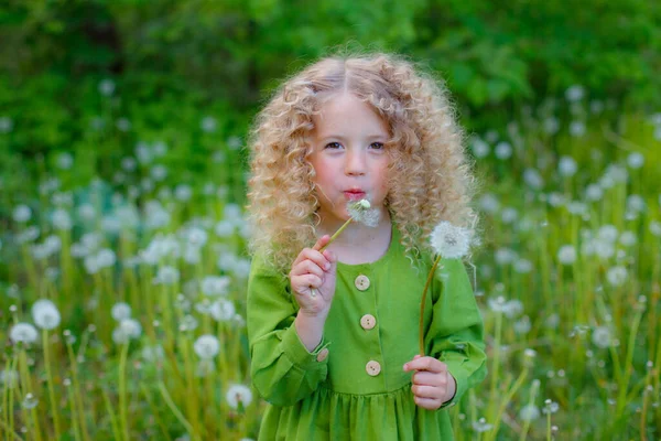 little curly haired blonde girl in green dress blowing   dandelion in park smile