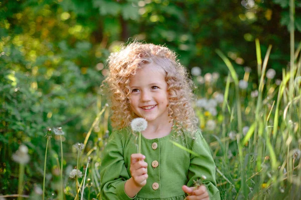 Pequeña Rubia Pelo Rizado Jugando Con Diente León — Foto de Stock