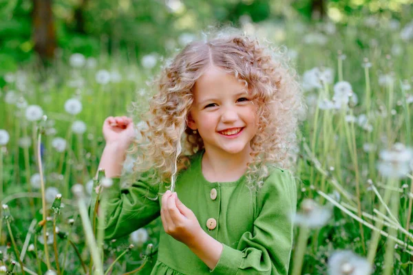 Крупним Планом Портрет Блондинки Маленької Дівчинки Позує Полі Кульбаби — стокове фото