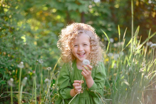 Pequena Loira Encaracolado Menina Vestido Verde Soprando Segurar Dente Leão — Fotografia de Stock
