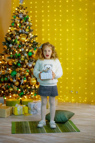 Bambina Vicino All Albero Natale Contenente Una Scatola Piena Palline — Foto Stock