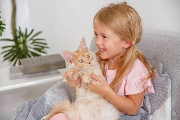 Uśmiechnięta Dziewczynka Siedząca Kanapie Kotem Pokrytym Kocem — Zdjęcie stockowe