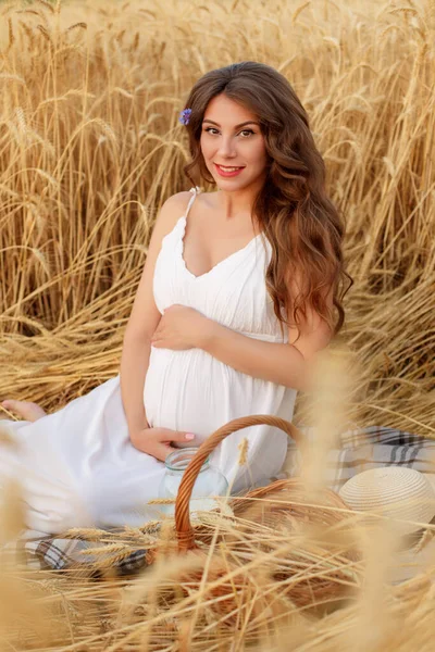 Mujer Embarazada Sentada Campo Trigo Picnic — Foto de Stock