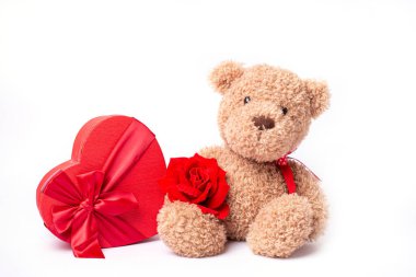 Kalp şeklinde sevgililer günü kutusuna sahip oyuncak ayı beyaz arka planda izole edilmiş.