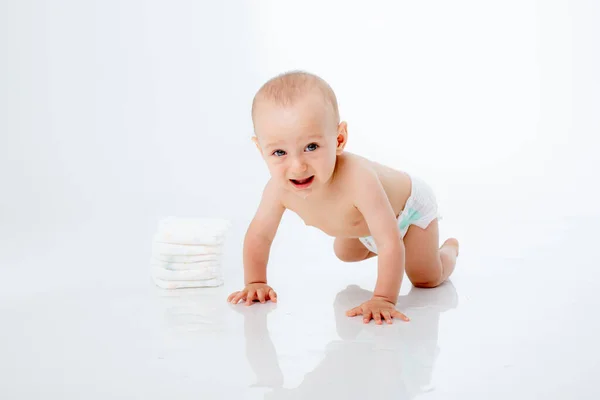 Cute Little Boy Crawling Isolated White Background — Stock Photo, Image