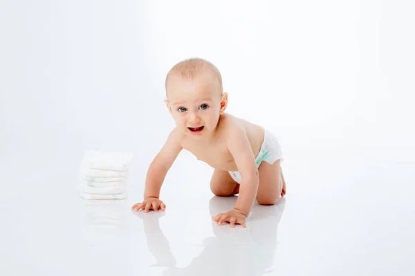Cute Little Boy Crawling Isolated White Background — Stock Photo, Image