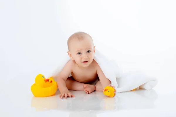 Baby Boy Towel Bathing Sitting White Background Isolated — Stock Photo, Image