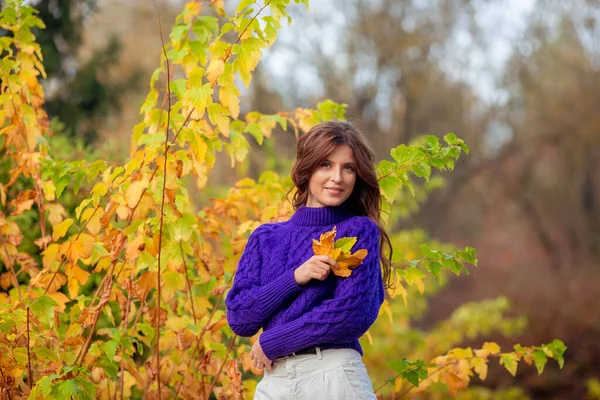 Młoda Kobieta Jesiennym Parku Fioletowym Swetrze — Zdjęcie stockowe
