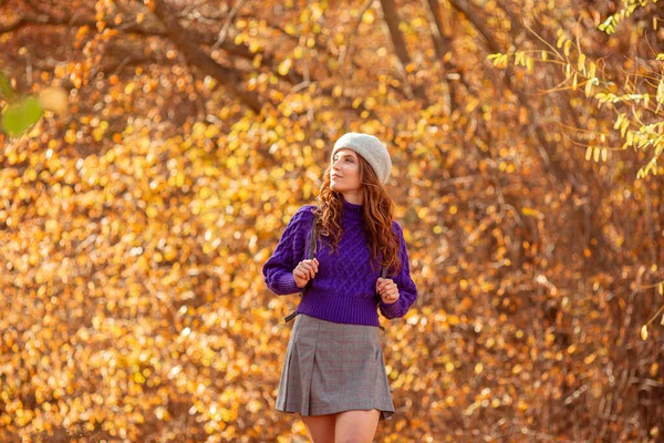 Eine Junge Frau Einem Herbstlichen Park Lila Pullover — Stockfoto