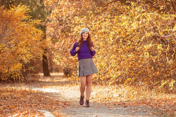 Uma Jovem Mulher Parque Outono Uma Camisola Roxa — Fotografia de Stock