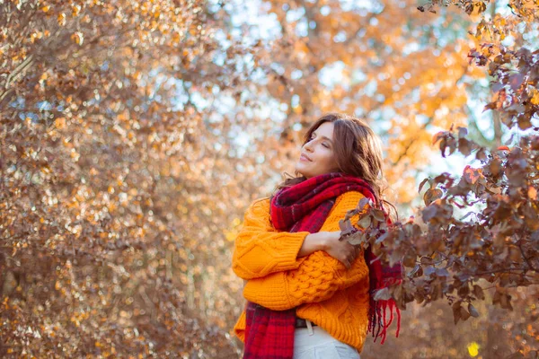 Eine Junge Frau Orangefarbenem Pullover Hüllt Sich Einem Herbstlichen Park — Stockfoto