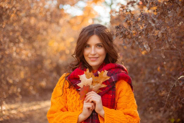 Eine Junge Frau Orangefarbenem Pullover Hüllt Sich Einem Herbstlichen Park — Stockfoto