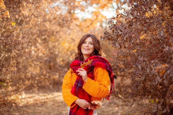 Une Jeune Femme Dans Parc Automne Pull Orange — Photo