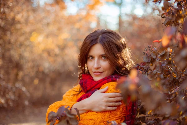 Eine Junge Frau Orangefarbenem Pullover Hüllt Sich Einem Herbstlichen Park Stockbild