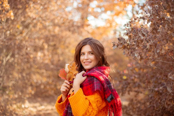 Eine Junge Frau Orangefarbenen Pullover Herbstpark lizenzfreie Stockfotos